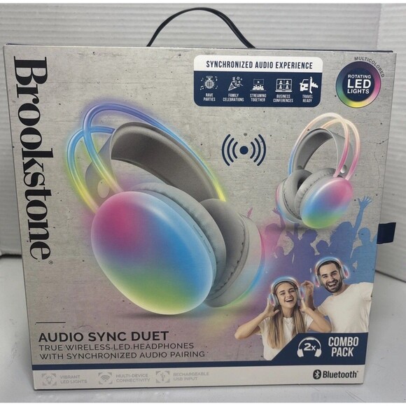 Brookstone Audio Sync Duet 2-Pack Wireless Bluetooth Headphones Multicolored LED - Picture 2 of 6